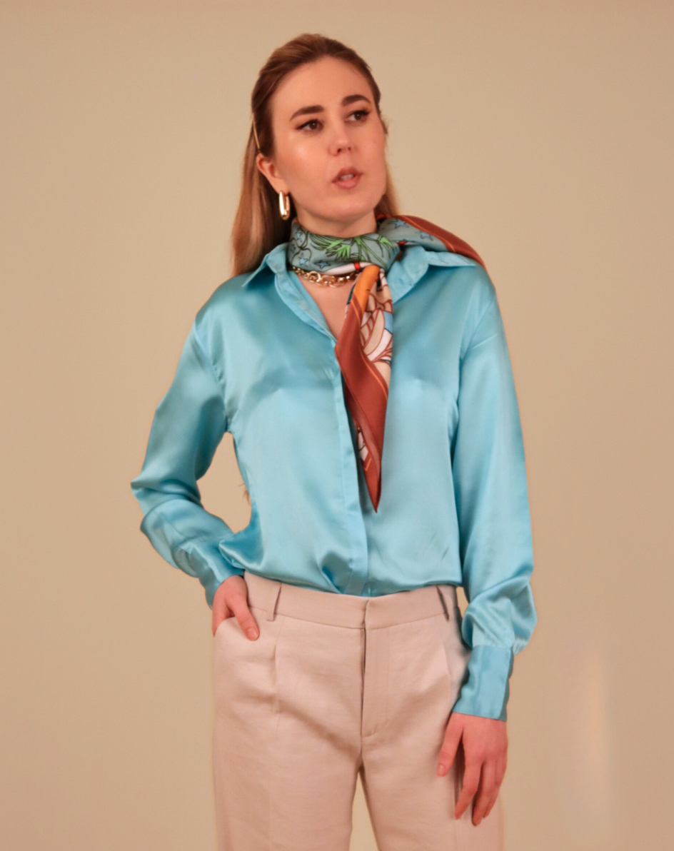 Blue silk satin shirt, Blouse 