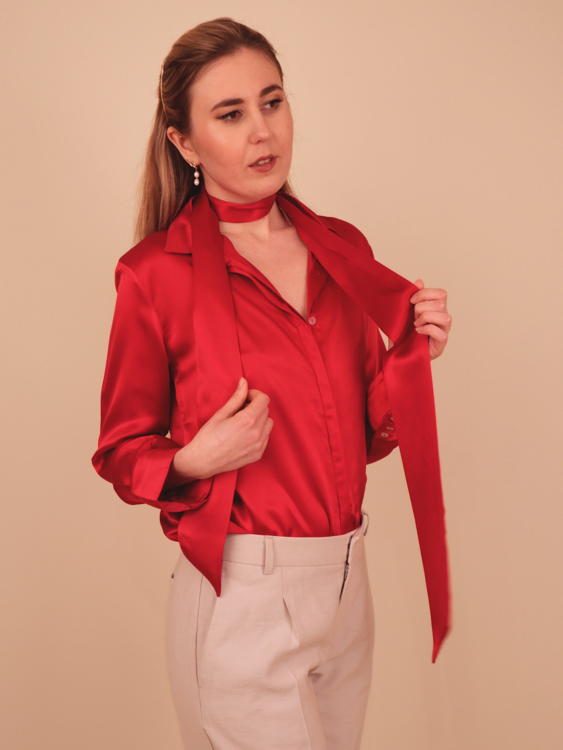 Red silk shirt , blouse