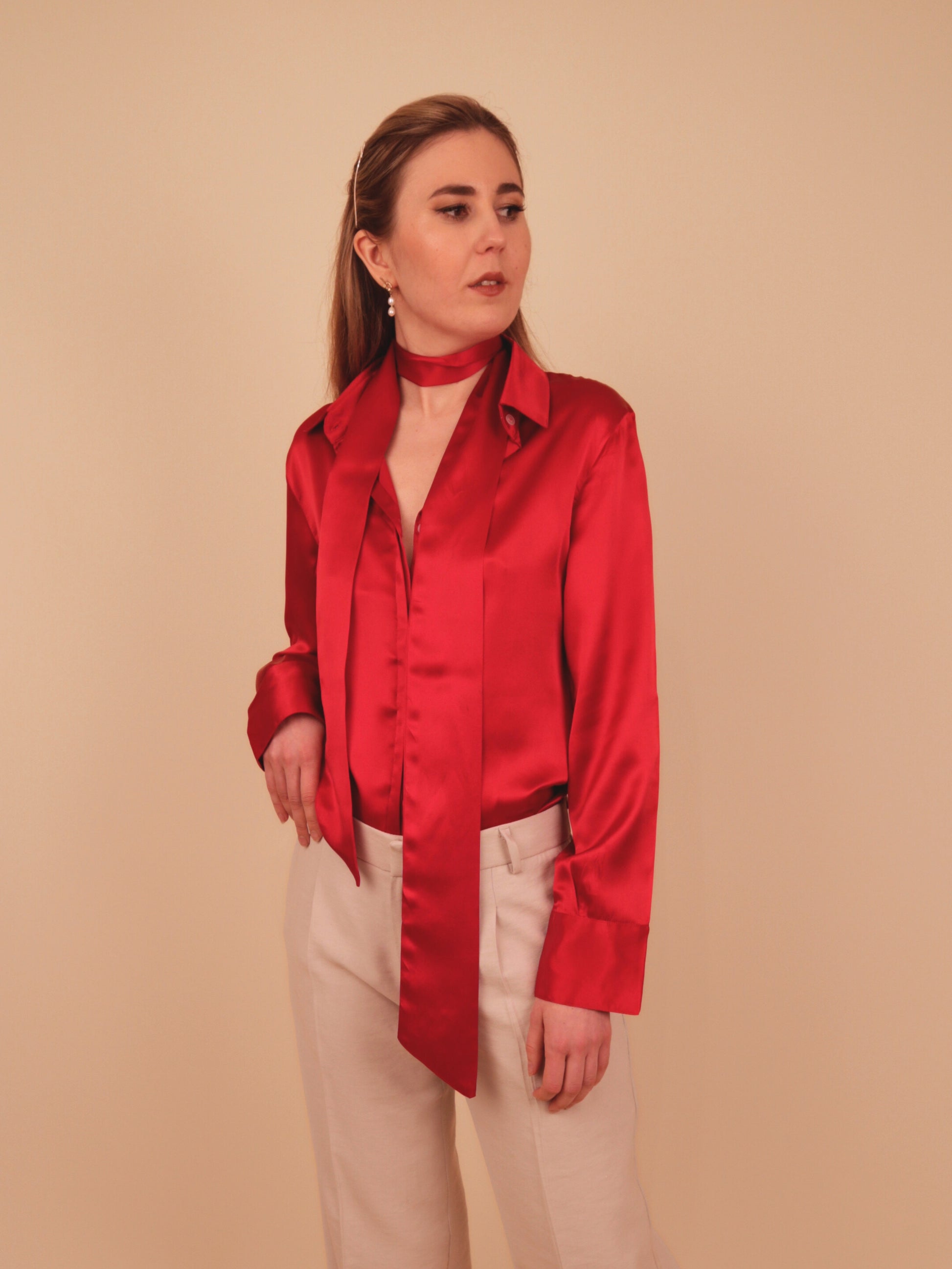 Red silk shirt , blouse