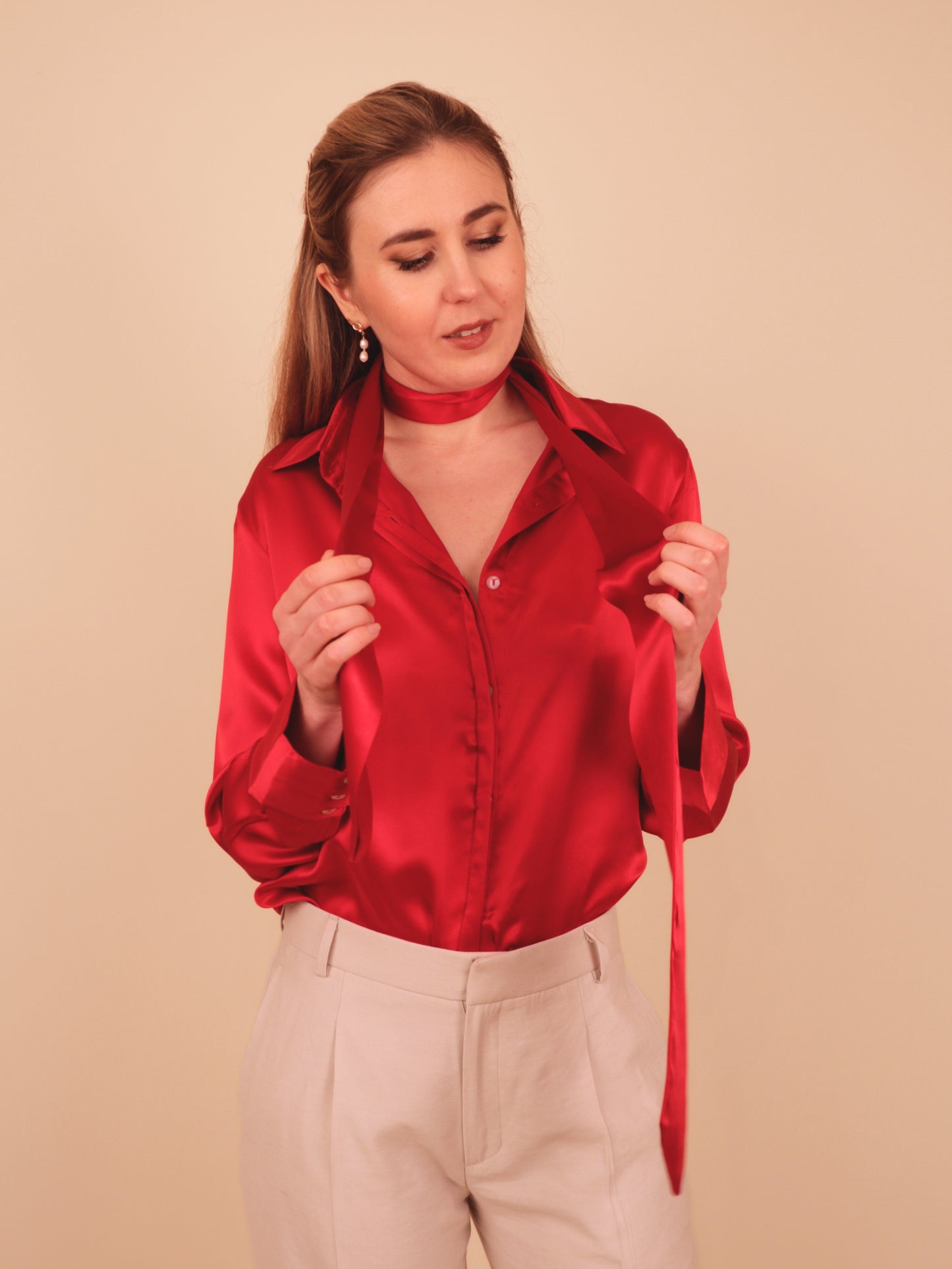 Red silk shirt , blouse