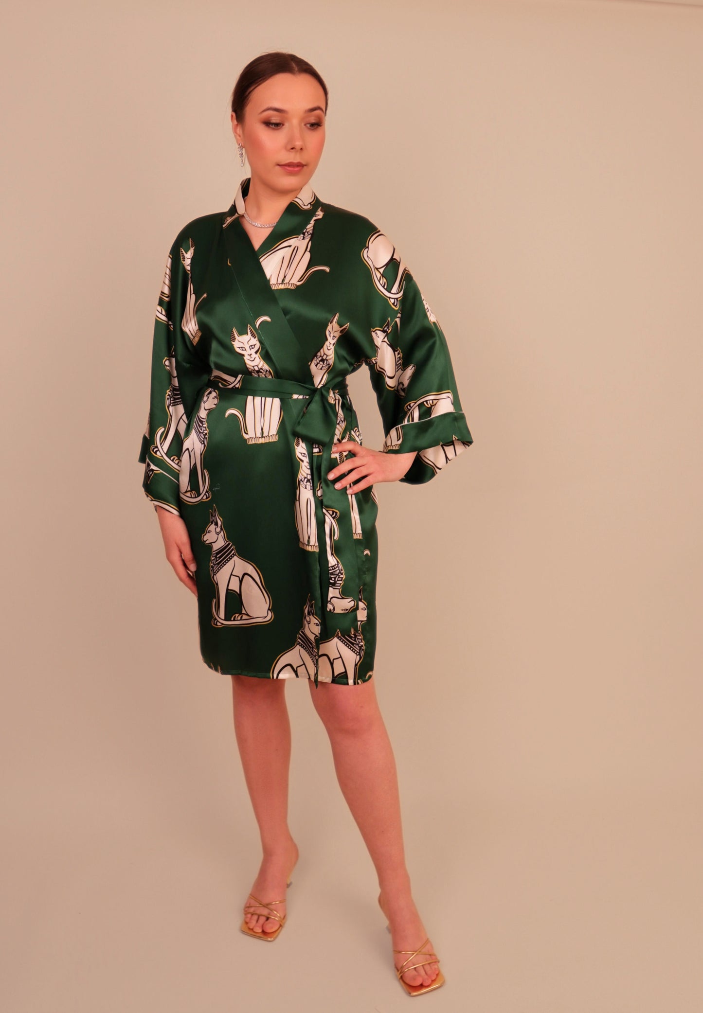 Bastet Emerald Green Silk Kimono Robe