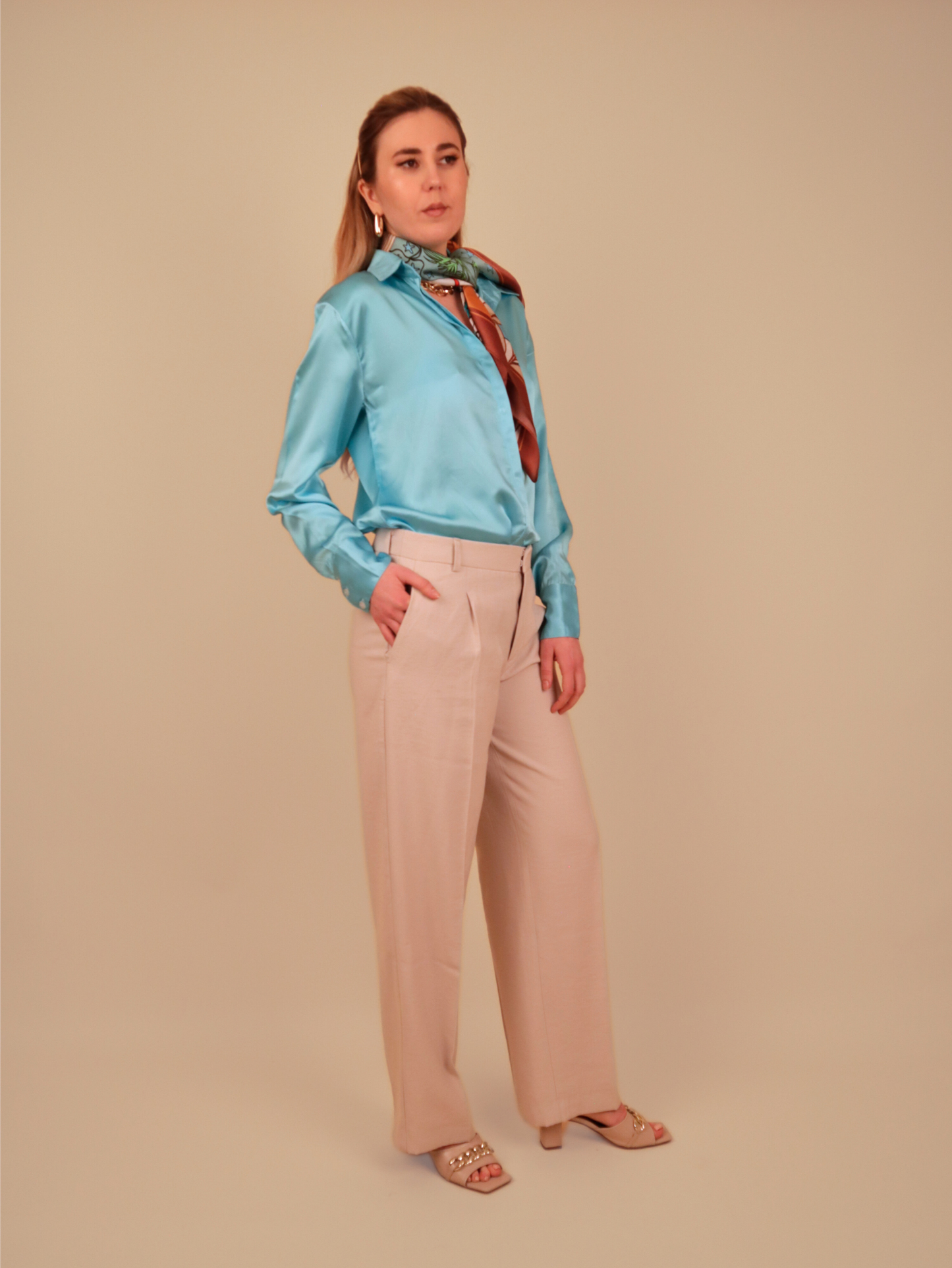 Blue silk satin shirt, Blouse 