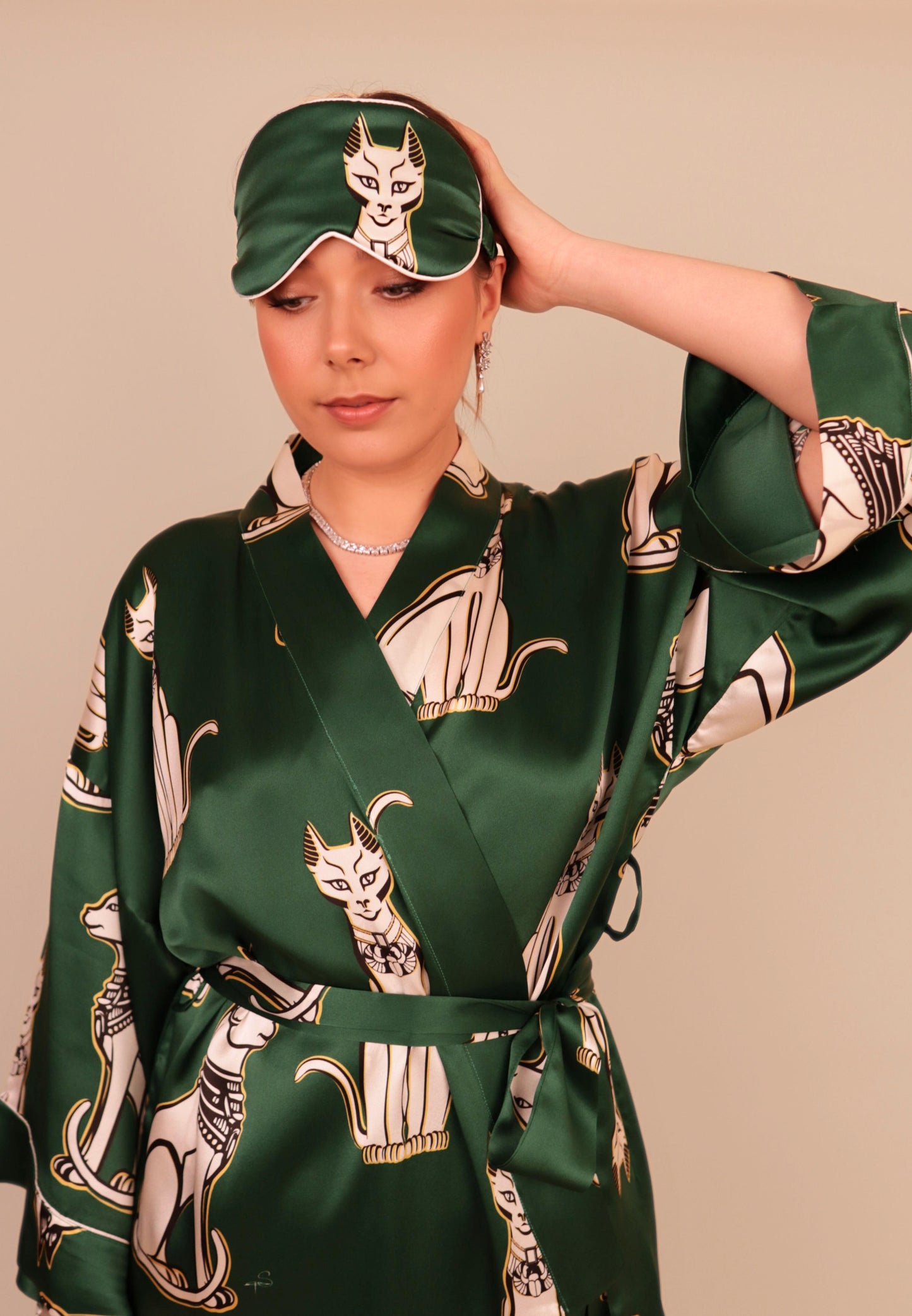 Bastet Emerald Green Silk Kimono Robe