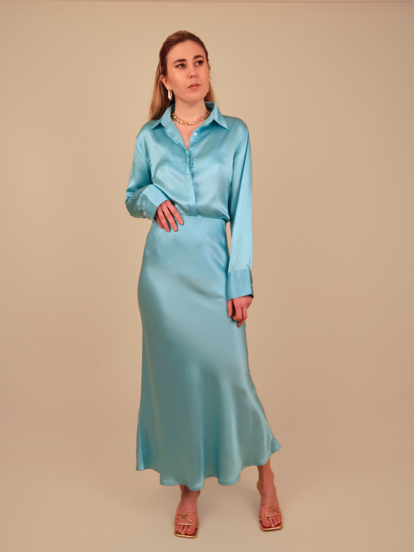 Blue silk satin shirt, Blouse 