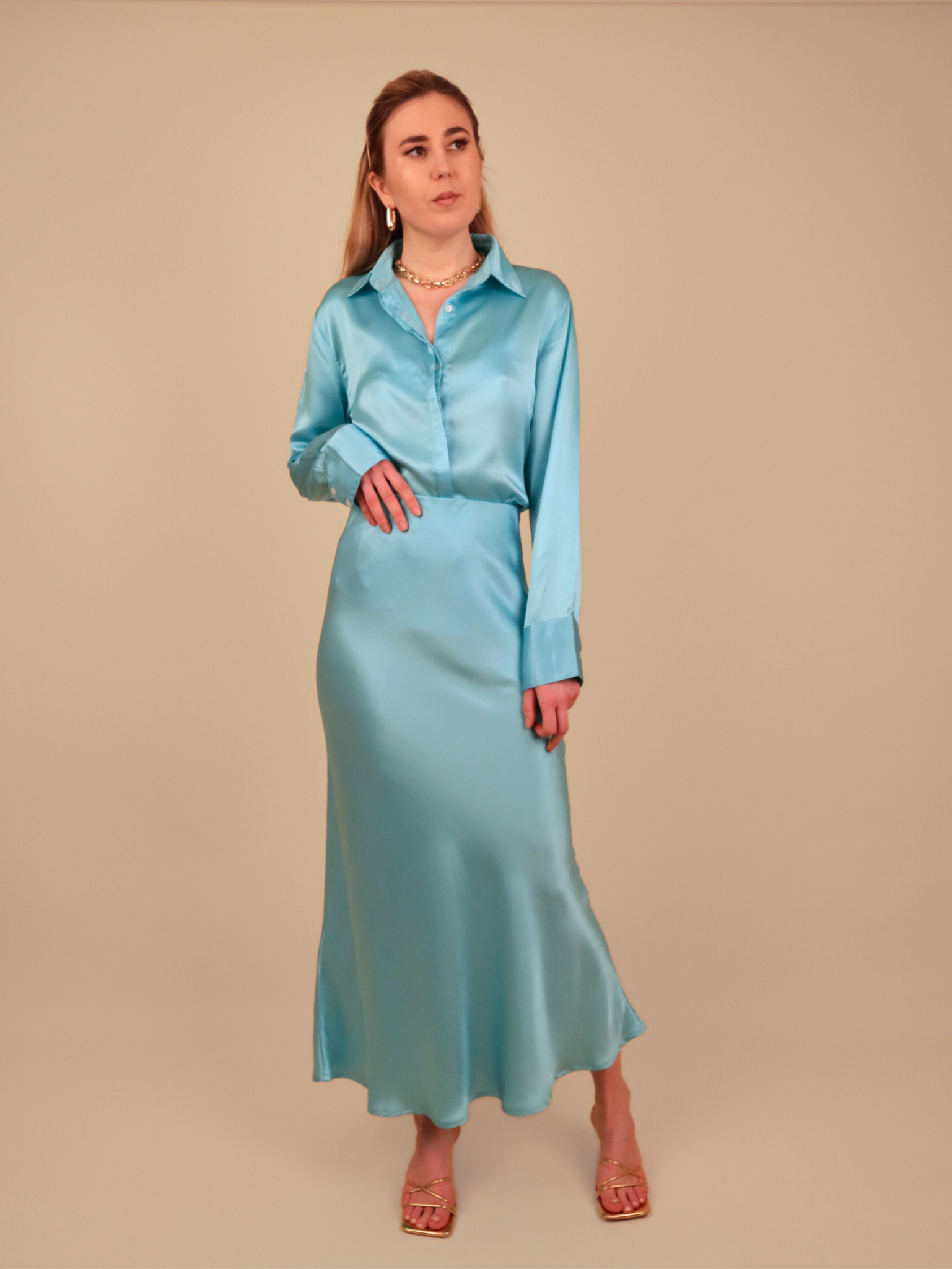 Blue silk satin shirt, Blouse 